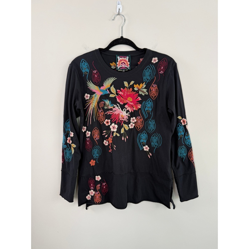 Johnny Was Long Sleeve Tee Black S Floral Bird Embroidered Boho Top